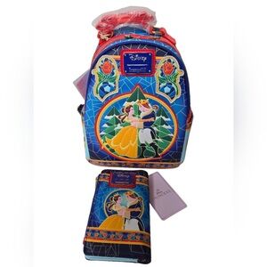 Loungefly Disney Beauty and the Beast Stained Glass Backpack w/matching Wallet